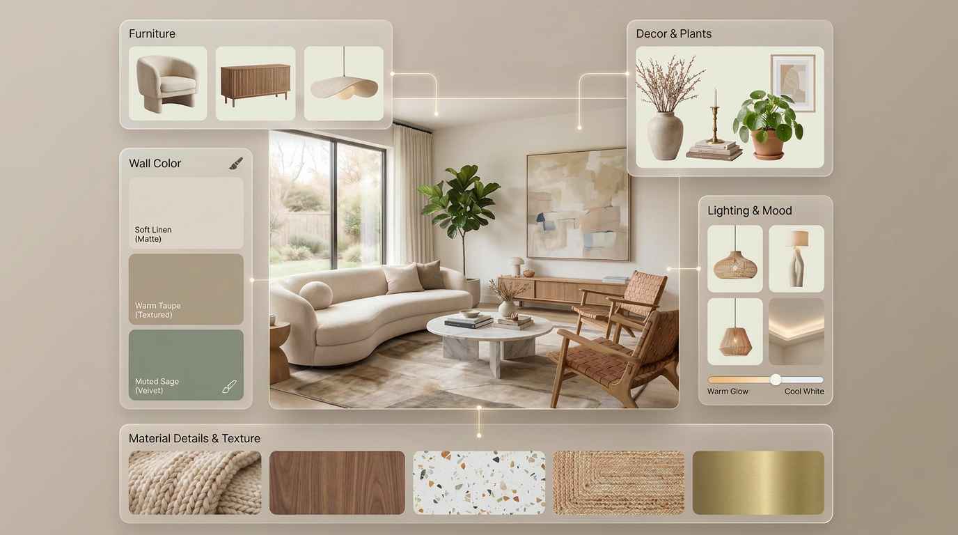يساعد EzRemove AI Interior Design في استكشاف أنماط الديكور الداخلي وإلهام الأثاث وأفكار ديكور المنزل باستخدام الذكاء الاصطناعي.