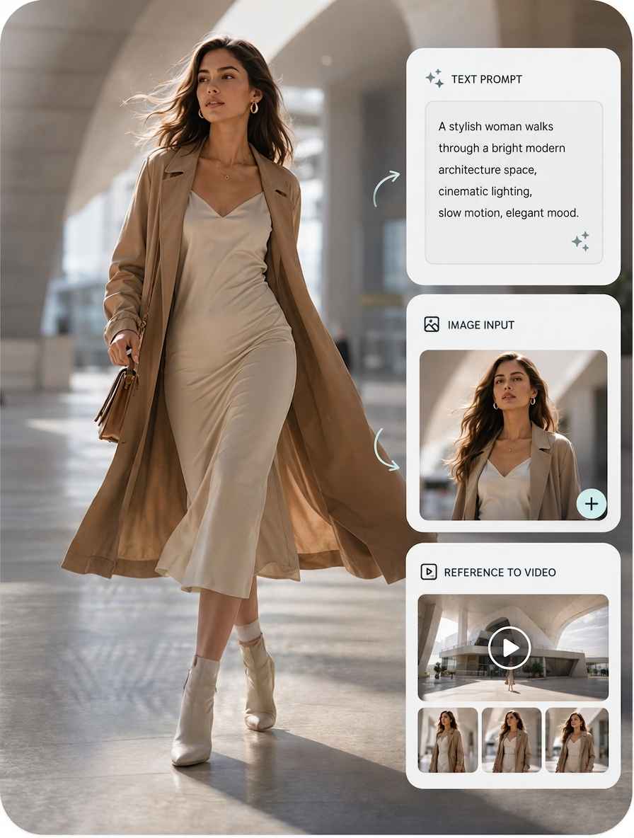 EzRemove AI वीडियो जनरेटर टेक्स्ट, इमेज और रेफरेंस-टू-वीडियो इनपुट के साथ एक आधुनिक स्थान से गुज़रती महिला को दिखाता है।