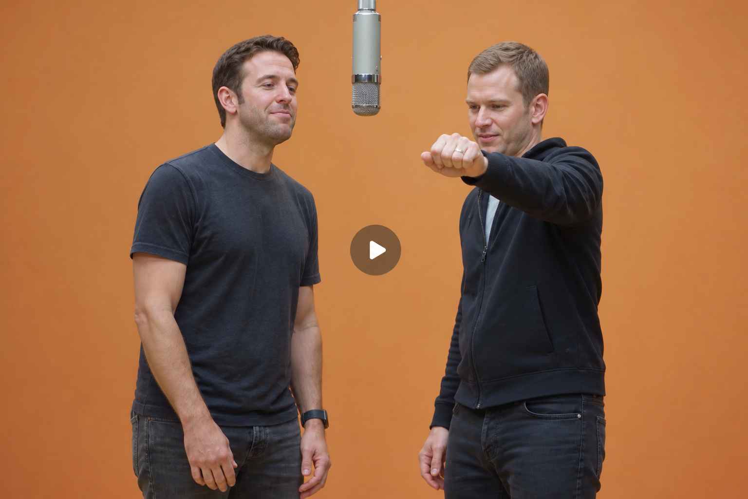 Hotel Lobby AI Video Generator showing two peolpe performing under a hanging microphone on an orange background
