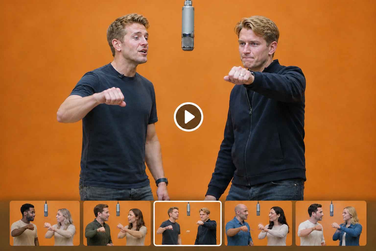 Hotel Lobby AI Video Generator showing two people performing under a hanging microphone on an orange background