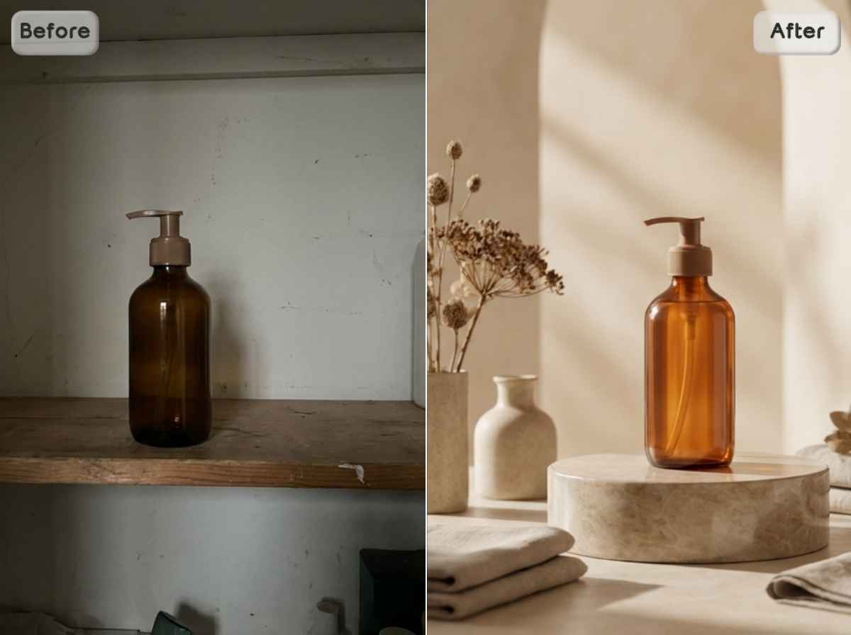 EzRemove AI Photo Studioがシンプルな商品写真を精美なスタジオ風Eコマース画像に変換。