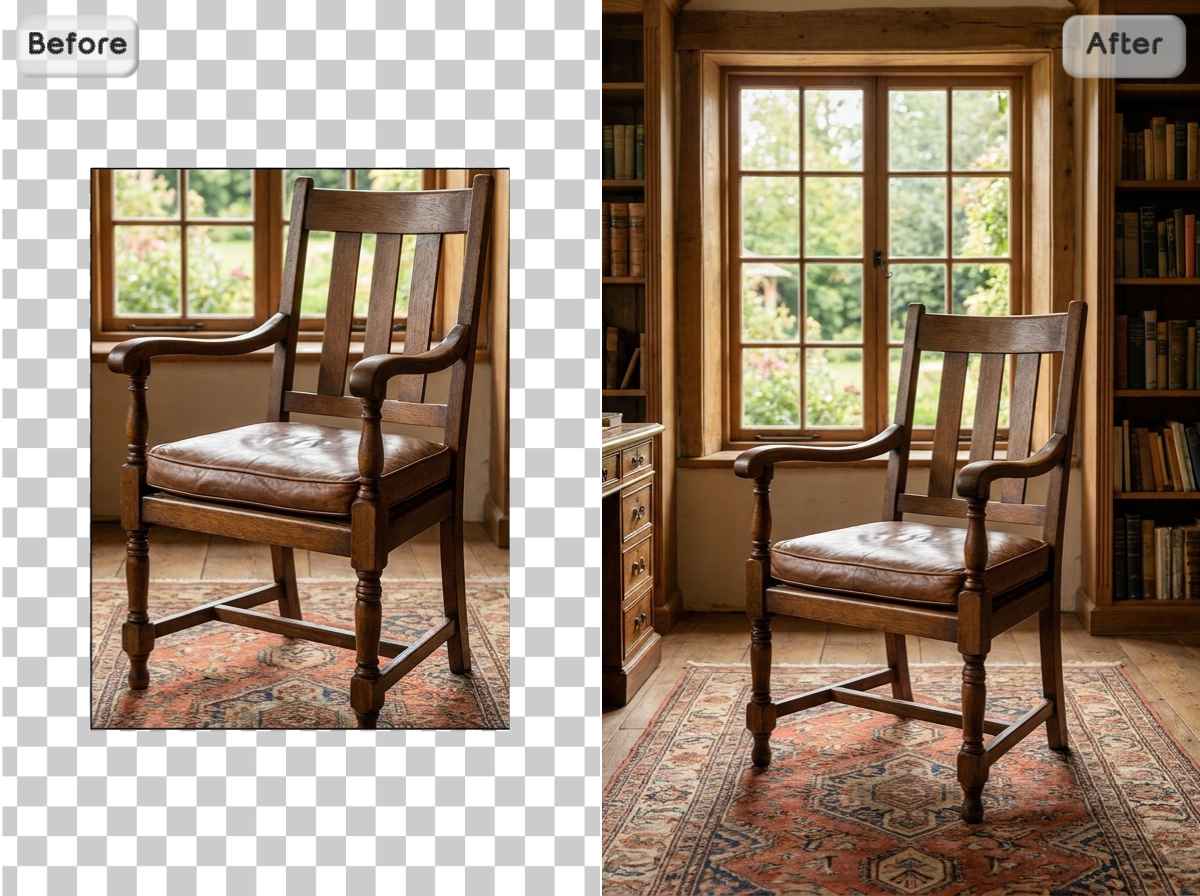 EzRemove AI Photo Studio切り抜かれた椅子にリアルな部屋の背景を追加し、完成した商品シーンを作成。