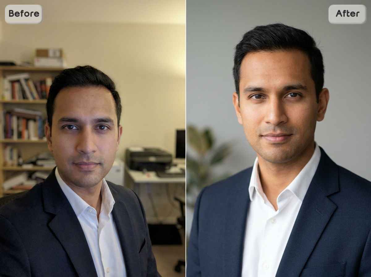 EzRemove AI Photo Studioがかわいい肖像画をプロフィール使用向けのより鮮明なプロフェッショナルなヘッドショットに変換。