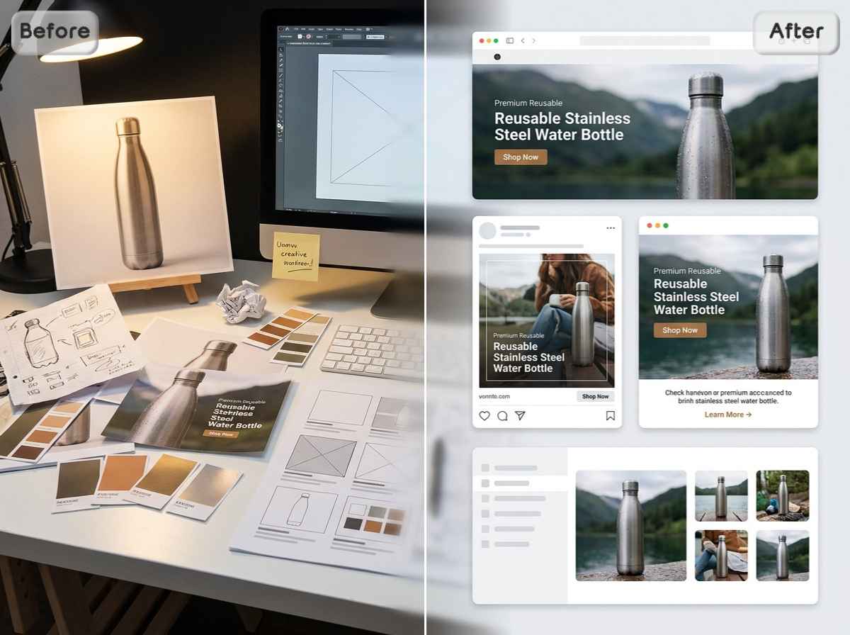 EzRemove AI Photo Studioが大まかな商品コンセプトをキャンペーン対応の広告とマーケティングビジュアルに変換。