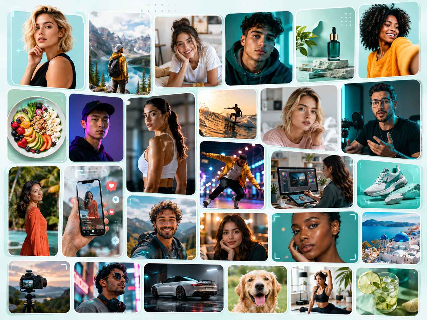 EzRemove AI Photo StudioのSNS画像ギャラリー：肖像画、商品写真、旅行ビジュアル、サムネイル、クリエイターのコンテンツ例。