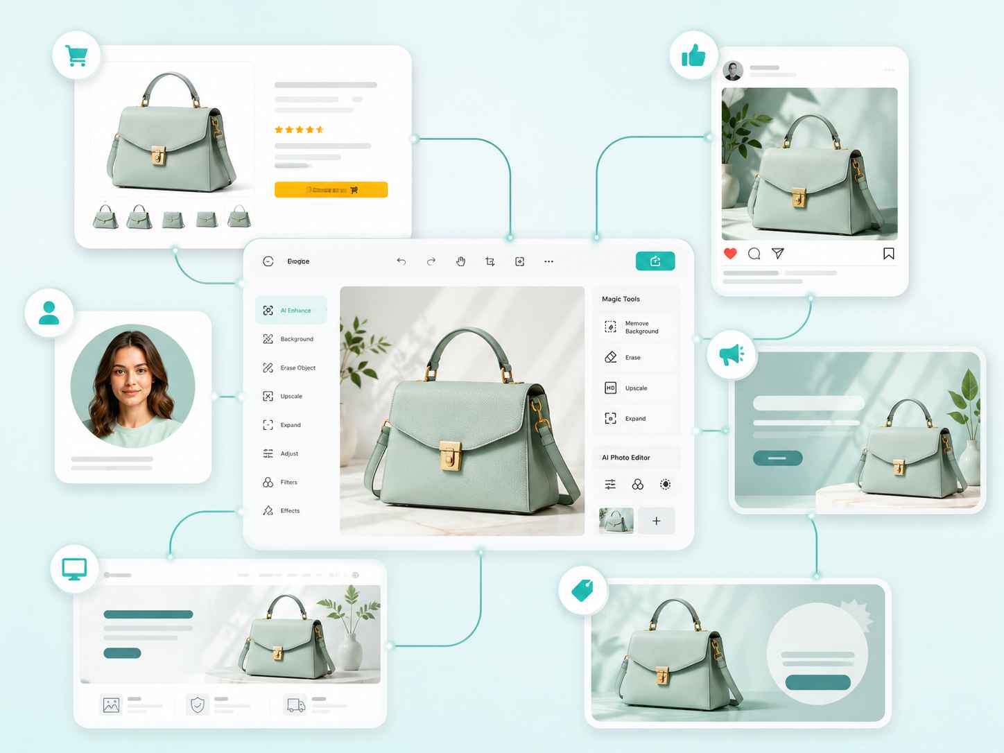 EzRemove AI Photo Studioのオールインワン編集ワークスペース：ハンドバッグ画像をEコマース、SNS、広告、マーケティングビジュアルに変換。