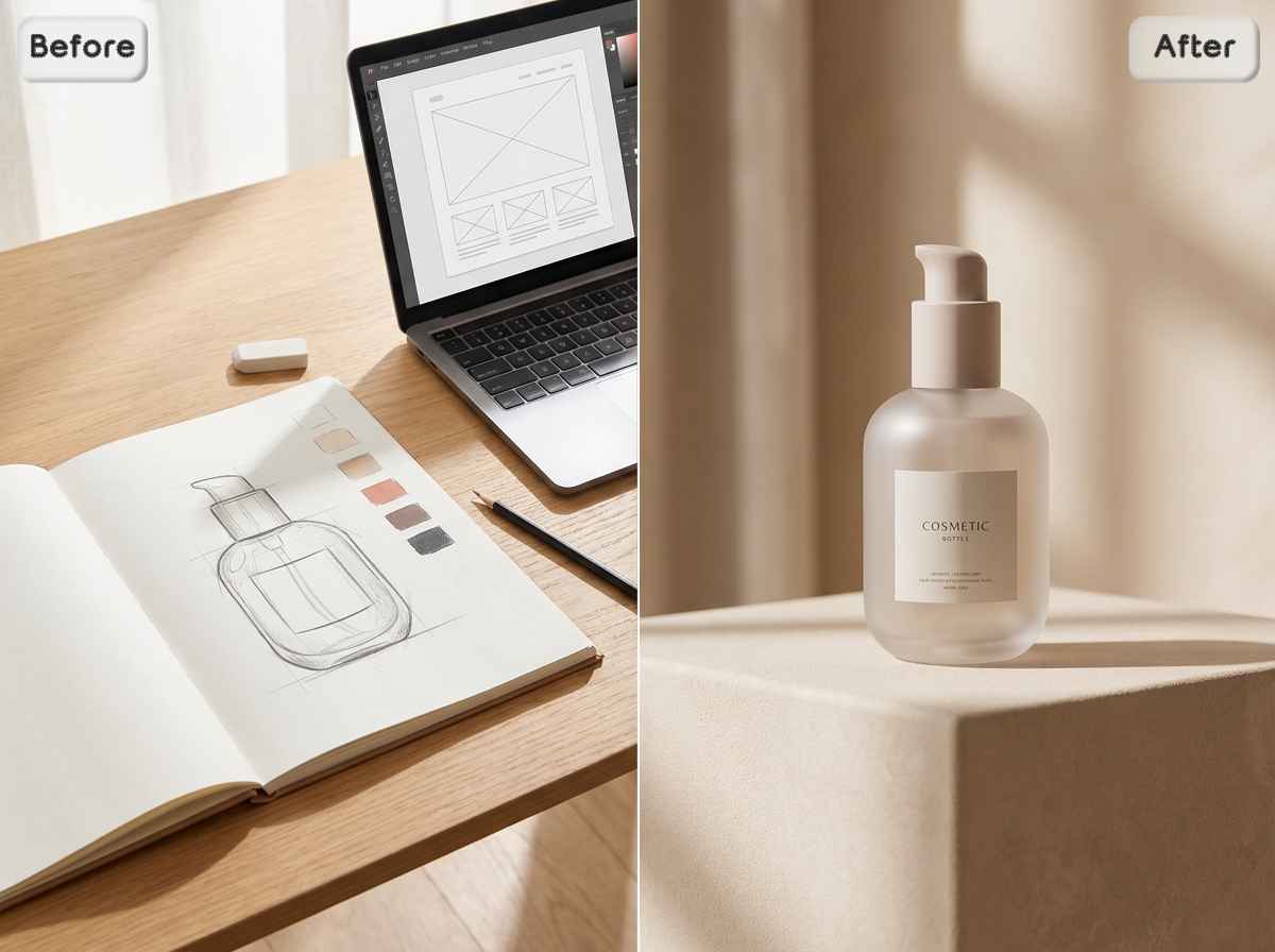 EzRemove AI Photo Studioが商品のスケッチやコンセプトボードを精美的で洗練された商品ビジュアルに変換。