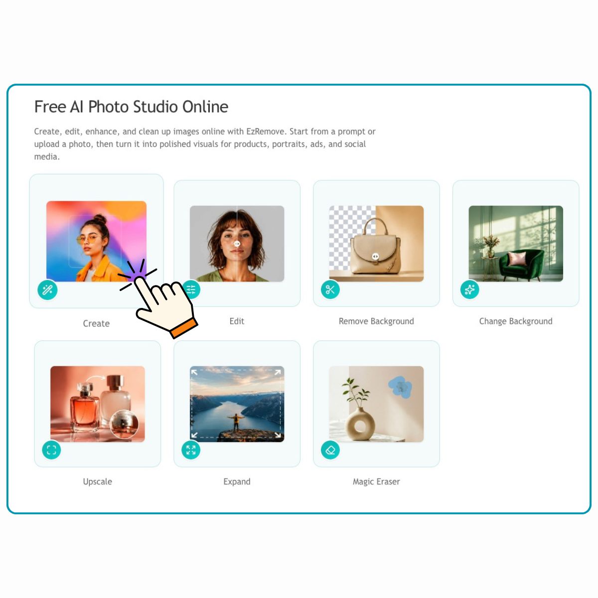 EzRemove AI Photo Studio ツールギャラリー：作成、編集、背景削除、超解像度、拡張、消しゴム機能