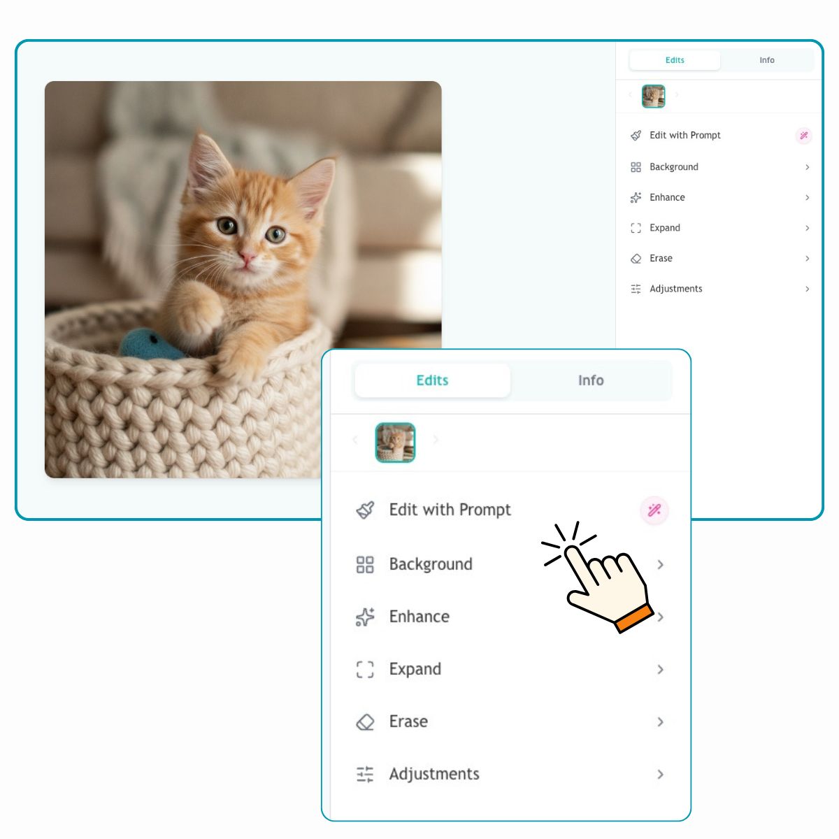 EzRemove AI Photo Studio エディター：背景、強化、拡張、消しゴム、調整などのAI写真編集オプションを表示