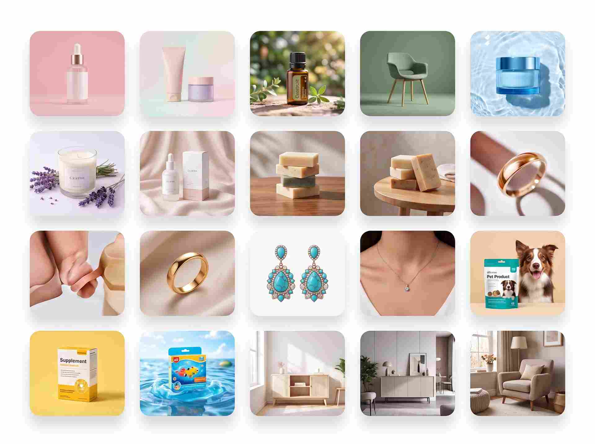 EzRemove KI-Produktbildgenerator-Galerie mit E-Commerce-Produktfotos aus mehreren Kategorien