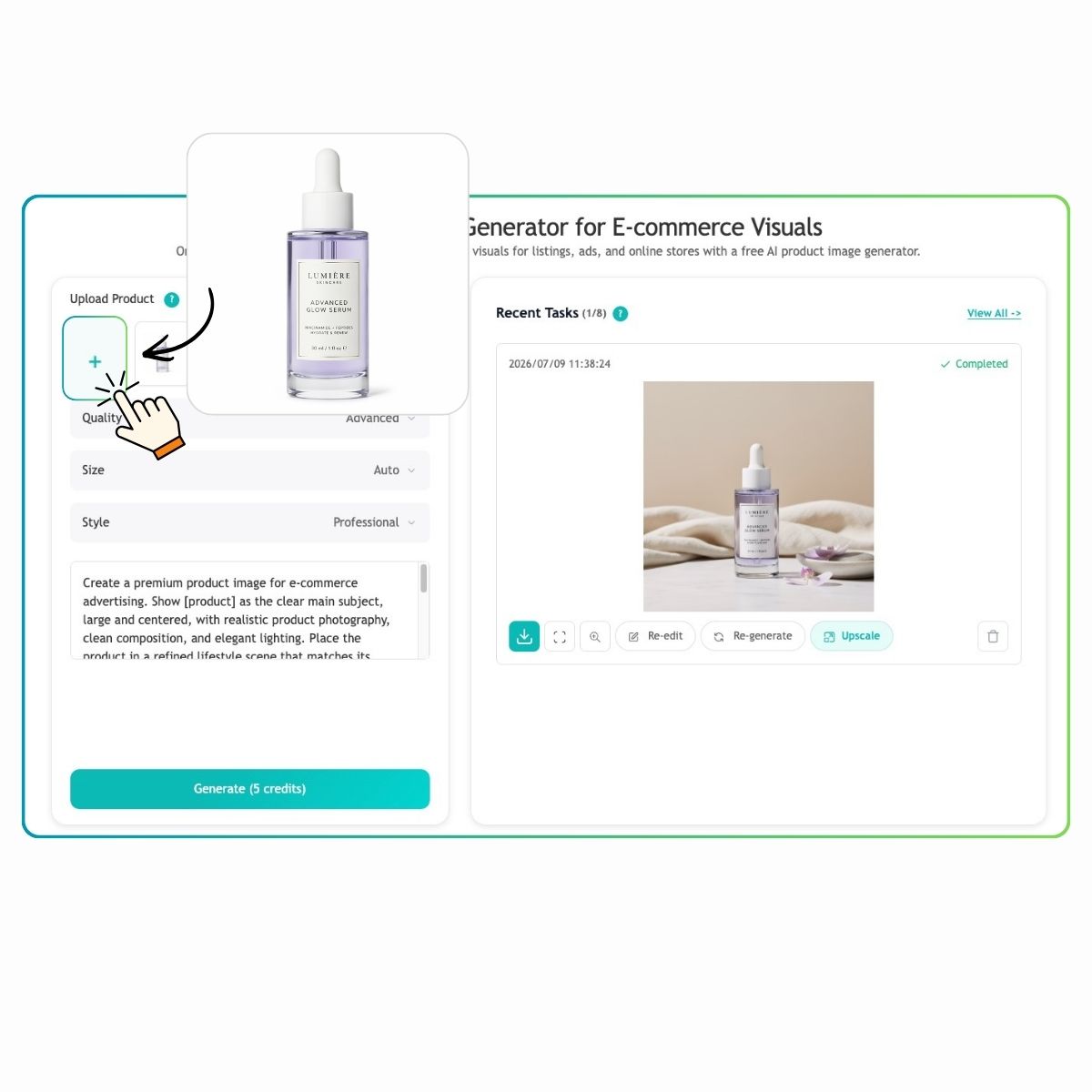 EzRemove KI-Produktbildgenerator – Schritt zum Hochladen des Produktfotos für E-Commerce-Produktbilder