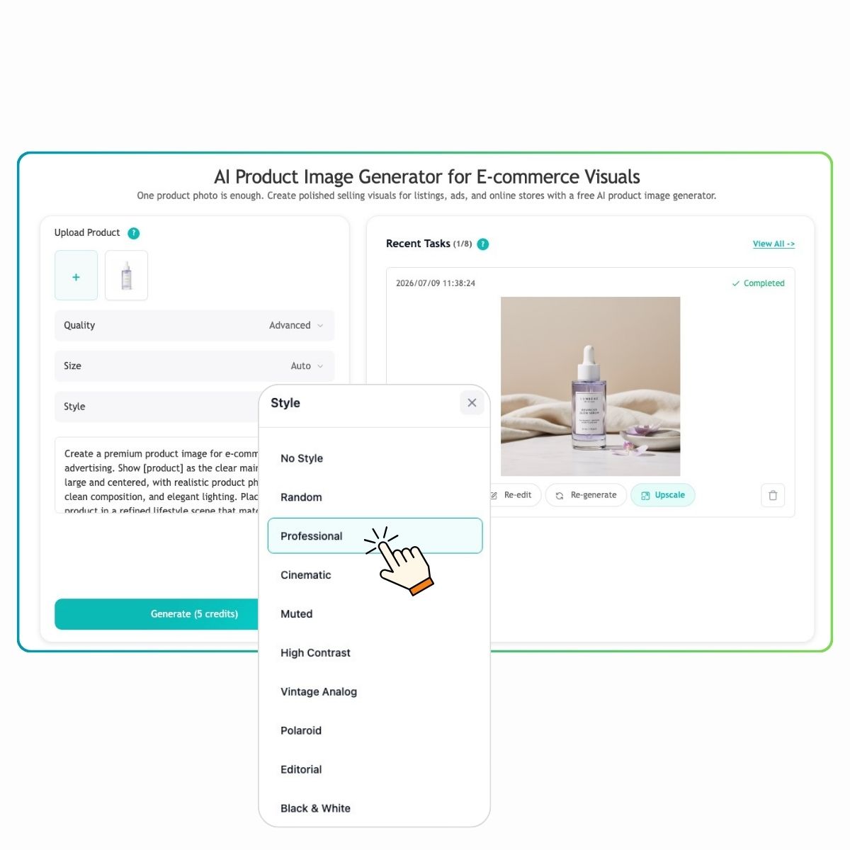 EzRemove KI-Produktbildgenerator – Stilauswahl-Schritt für professionelle E-Commerce-Produktfotostile