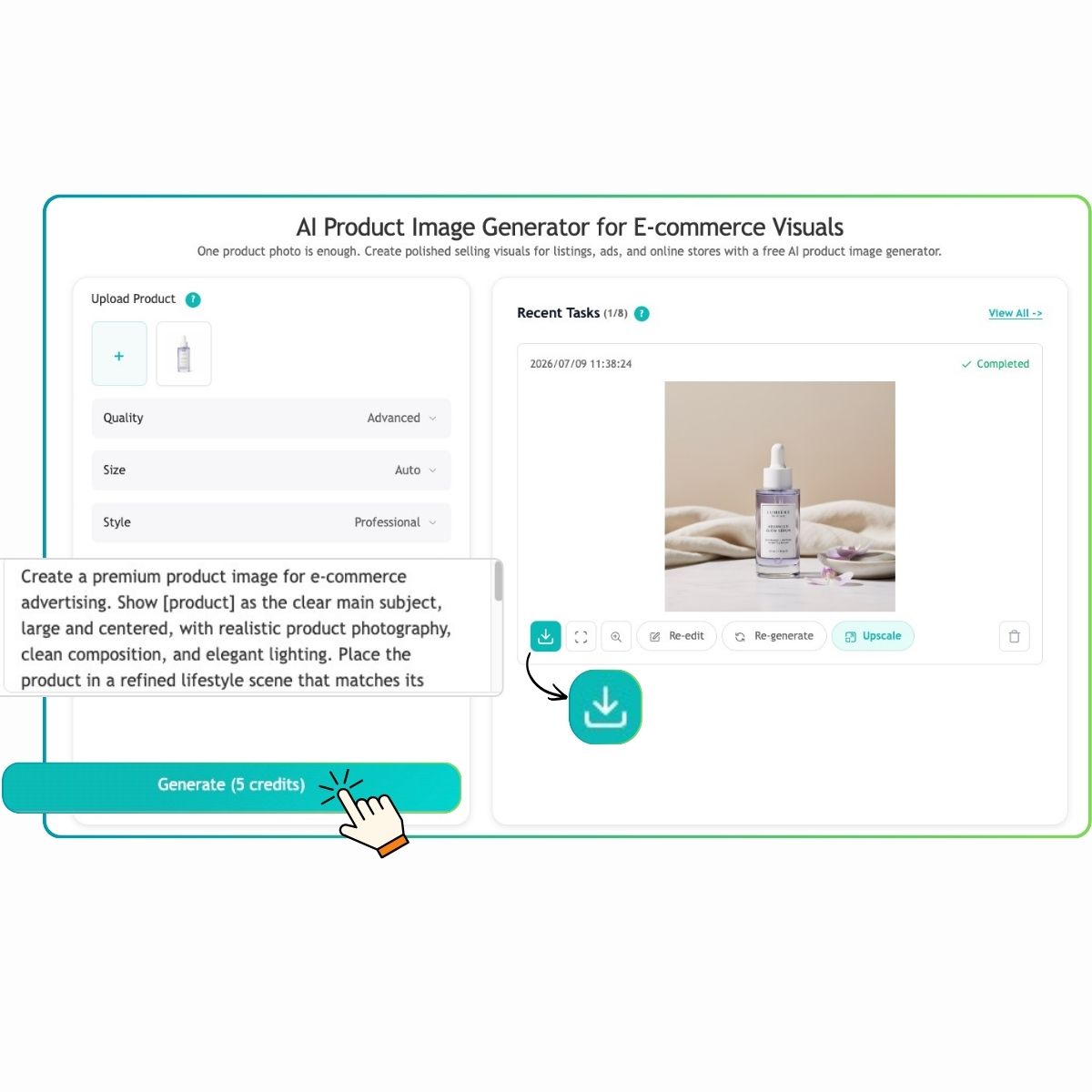 EzRemove KI-Produktbildgenerator – Prompt- und Generierungsschritt mit Download- und Bearbeitungsoptionen