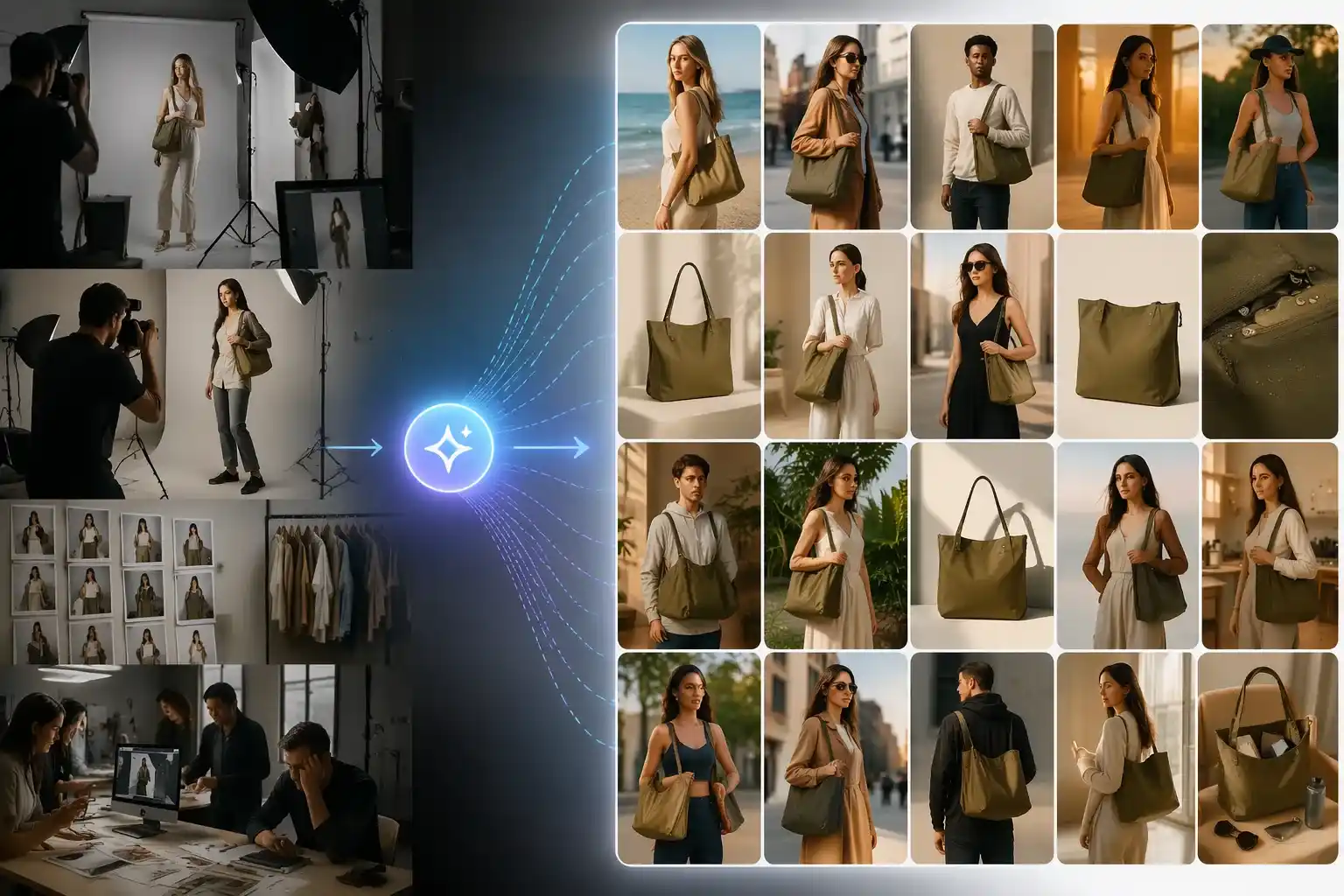 KI-Produktinszenierung erstellt Lifestyle-Produktfotos für Modetaschen
