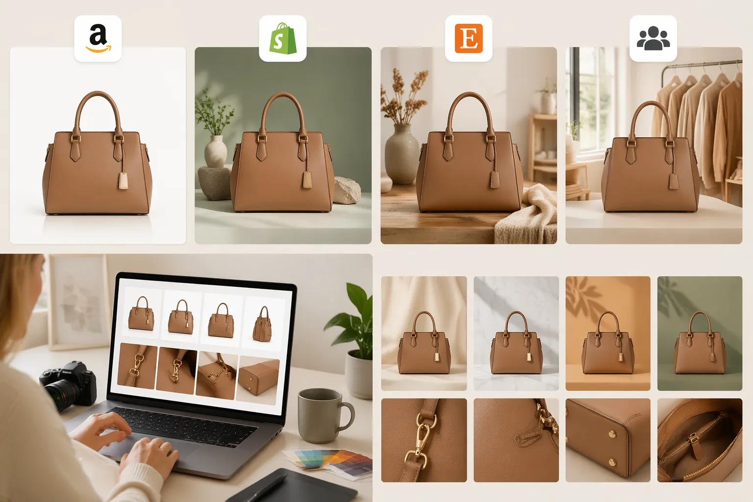 KI-Produktinszenierung für marktplatzfertige Handtaschen-Produktfotos