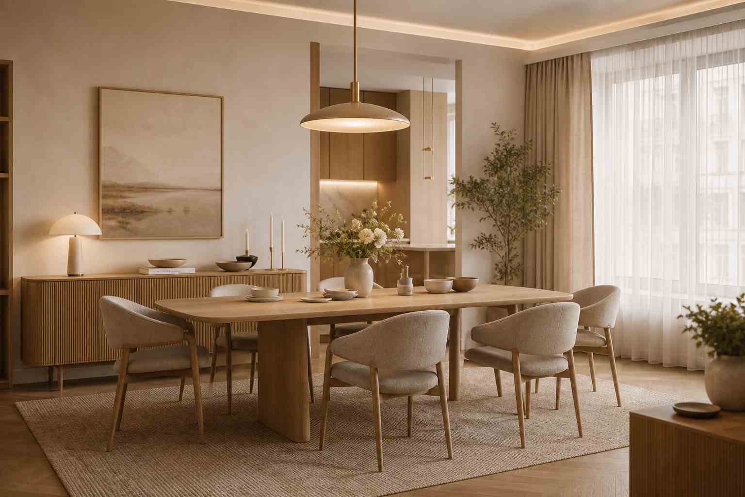 Phòng ăn gỗ ấm áp hoàn thiện với bố cục từ trình lập kế hoạch phòng AI