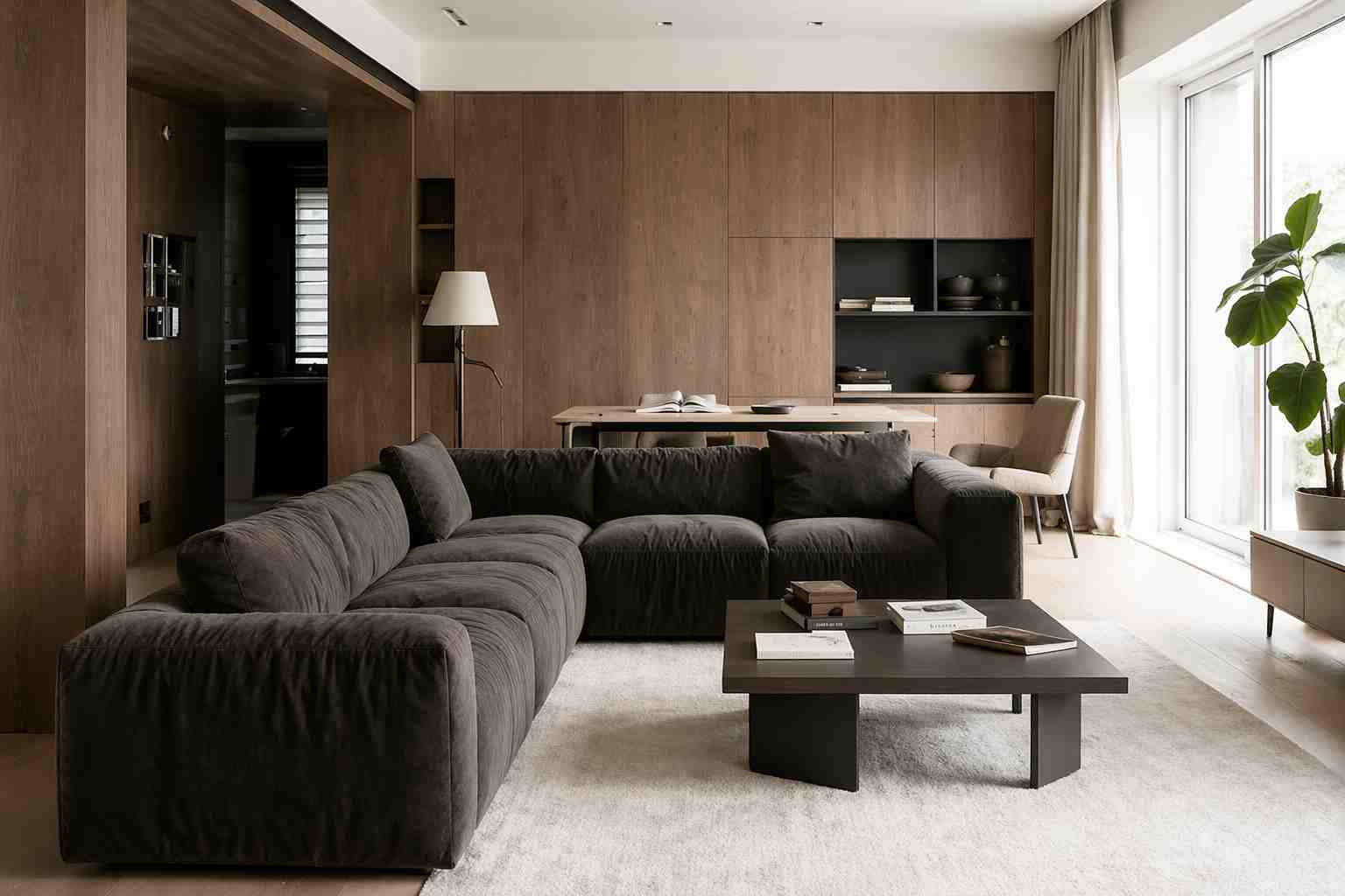 Phòng khách sofa vải tối màu hiện đại được thiết kế bằng trình lập kế hoạch phòng AI