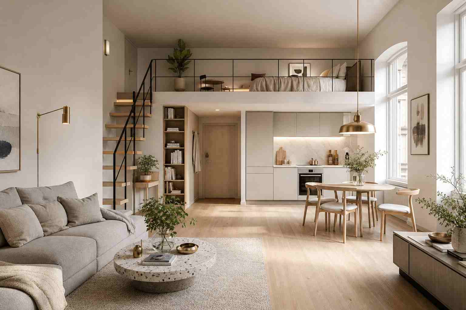 Nội thất loft mở có đồ nội thất hoàn thiện bằng trình lập kế hoạch phòng AI