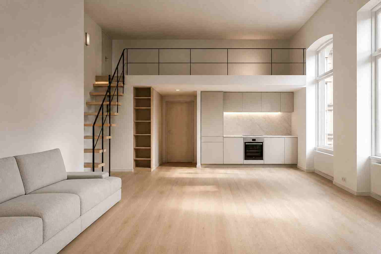 Căn loft trống chưa có nội thất trước khi thiết kế bằng trình lập kế hoạch phòng AI