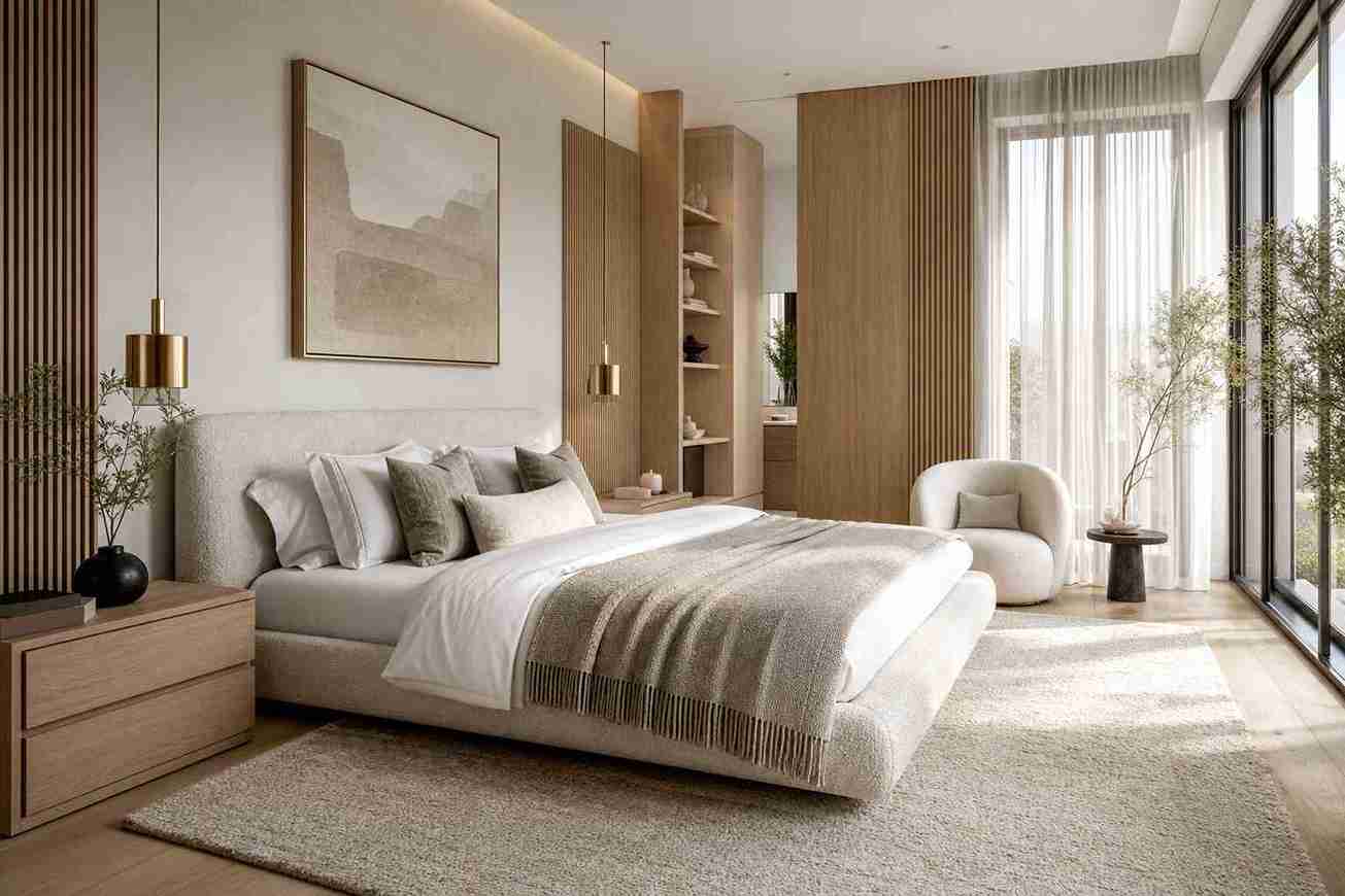 Nội thất phòng ngủ hiện đại tối giản hoàn thiện bằng trình lập kế hoạch phòng AI