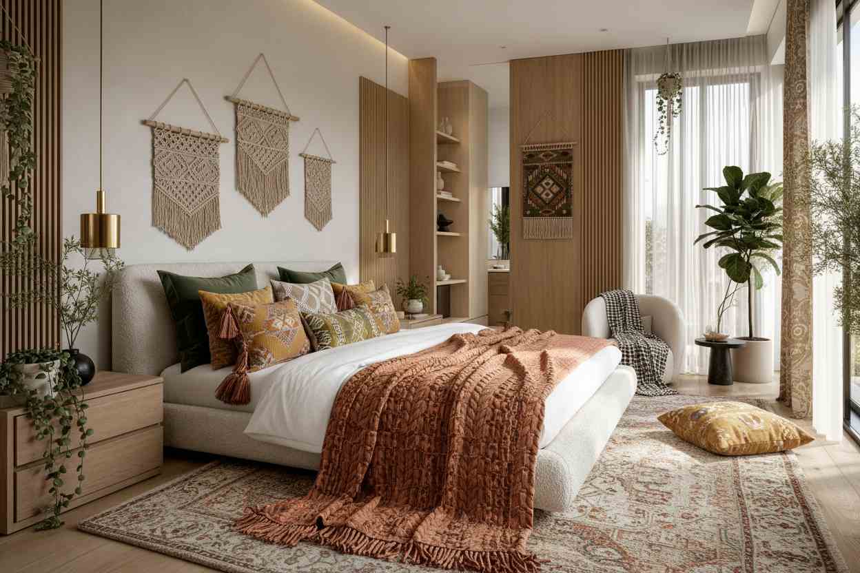 Nội thất phòng ngủ boho ấm cúng hoàn thiện bằng trình lập kế hoạch phòng AI
