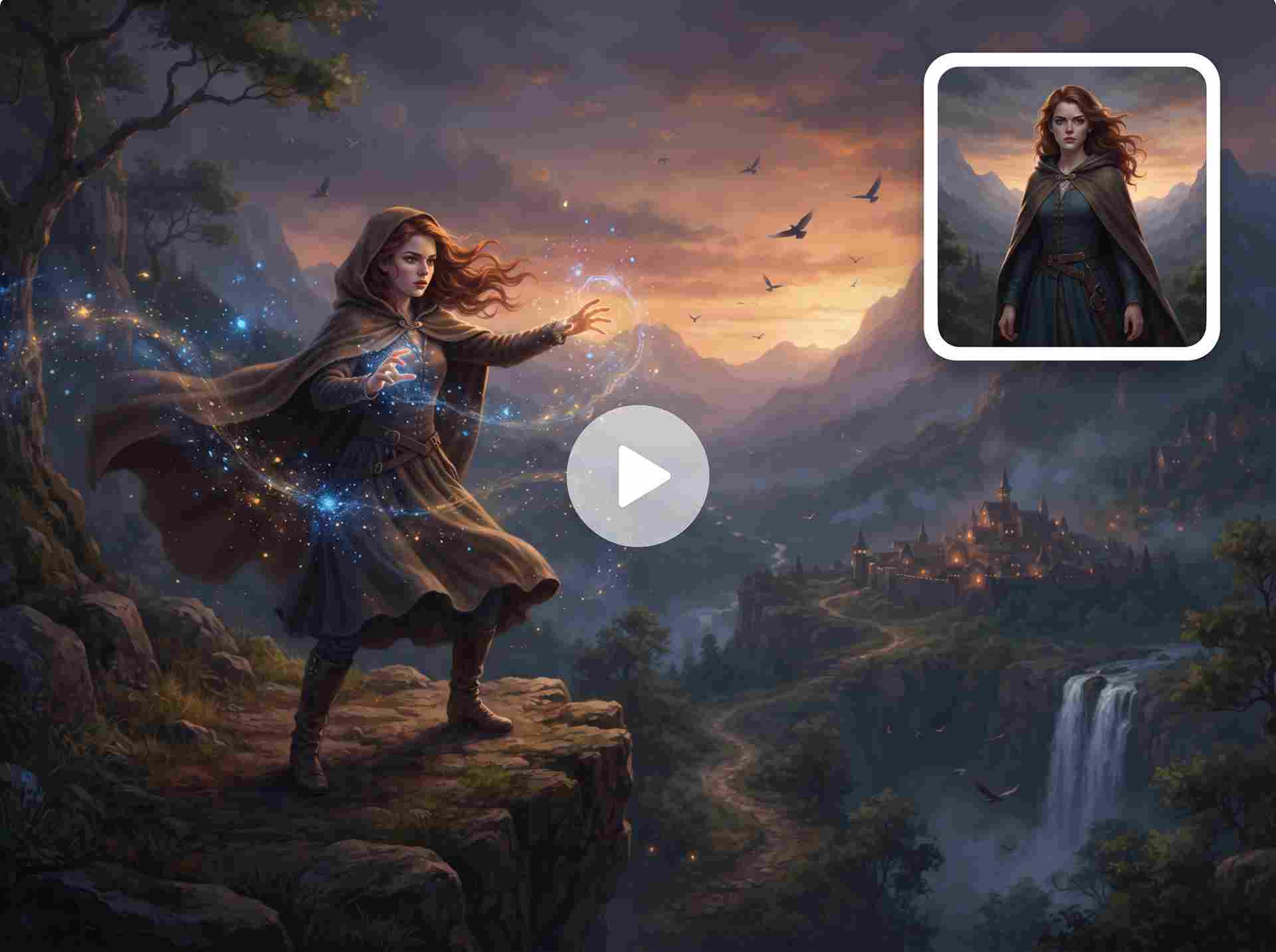 EzRemove AI Video Generator bringing a fantasy character reference image to life in a cinematic scene.