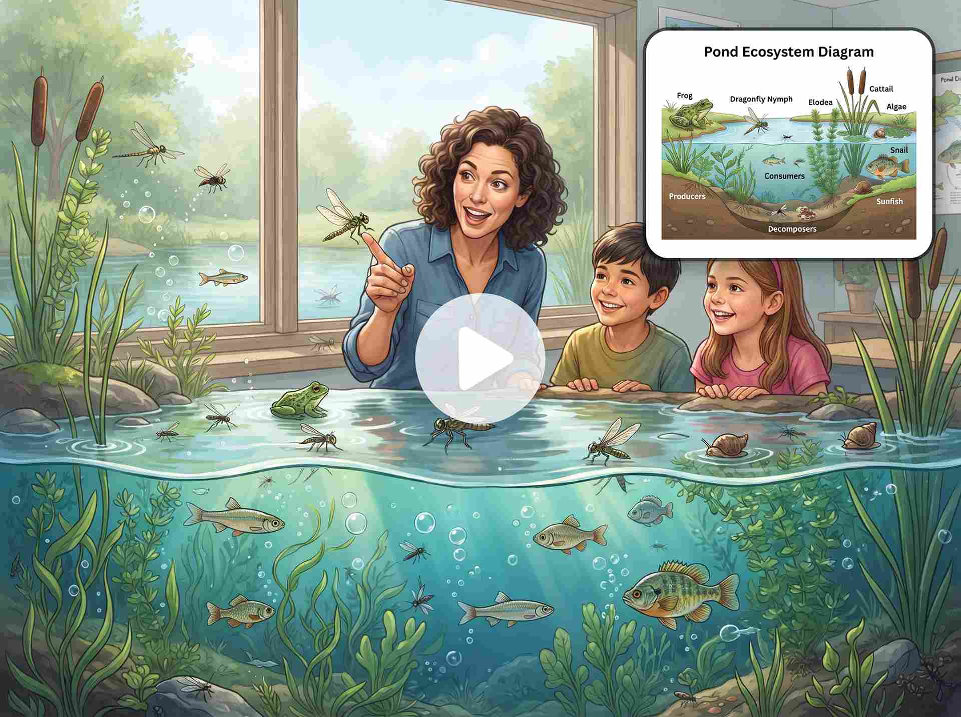 EzRemove AI Video Generator transforming a pond ecosystem diagram into engaging educational video content.