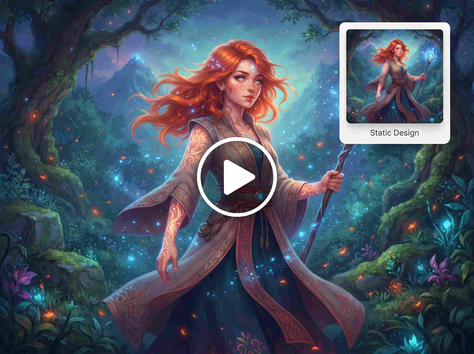 EzRemove Image to Video AI animating a static fantasy character design in a magical forest scene.