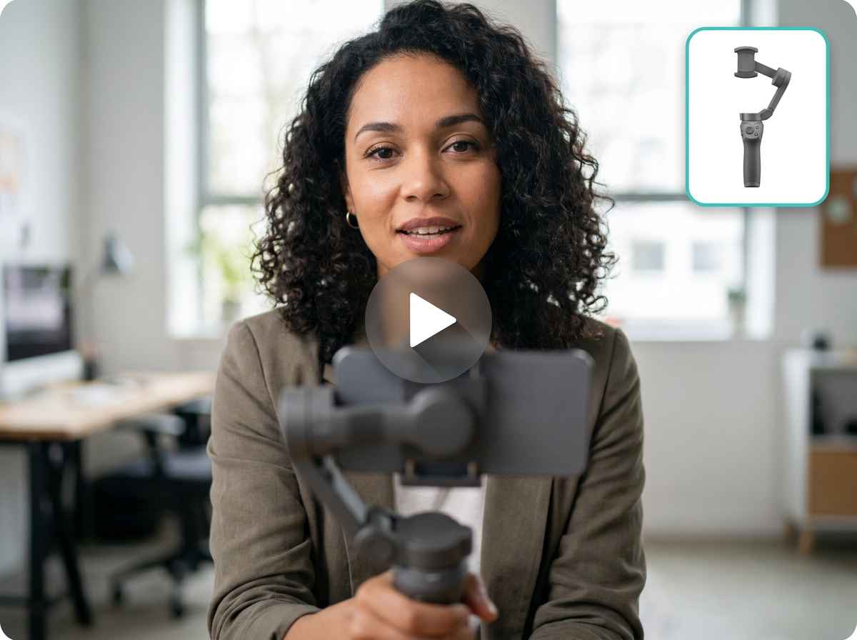 EzRemove AI Video Generator turning a product image into a creator video with a smartphone gimbal and source image preview.