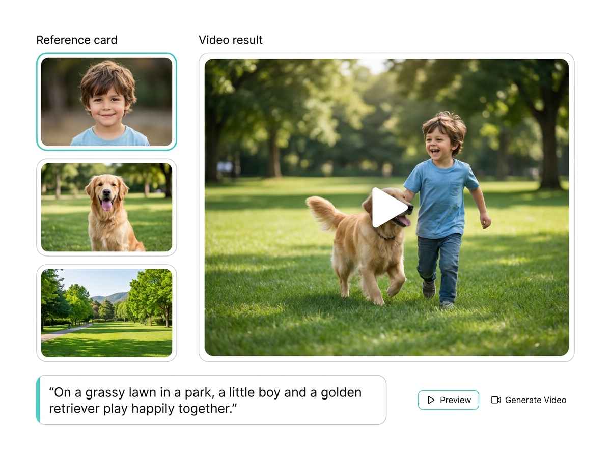 EzRemove AI Video Generator combining boy, dog, and park reference images into a realistic AI-generated video scene.