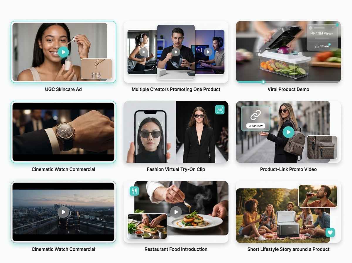 EzRemove AI Video Generator use cases for product ads, virtual try-on videos, food promotions, and social media content.