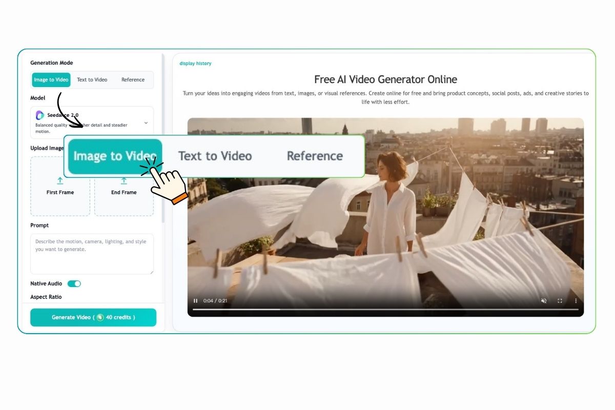 EzRemove AI Video Generator interface showing Image to Video, Text to Video, and Reference to Video generation modes.