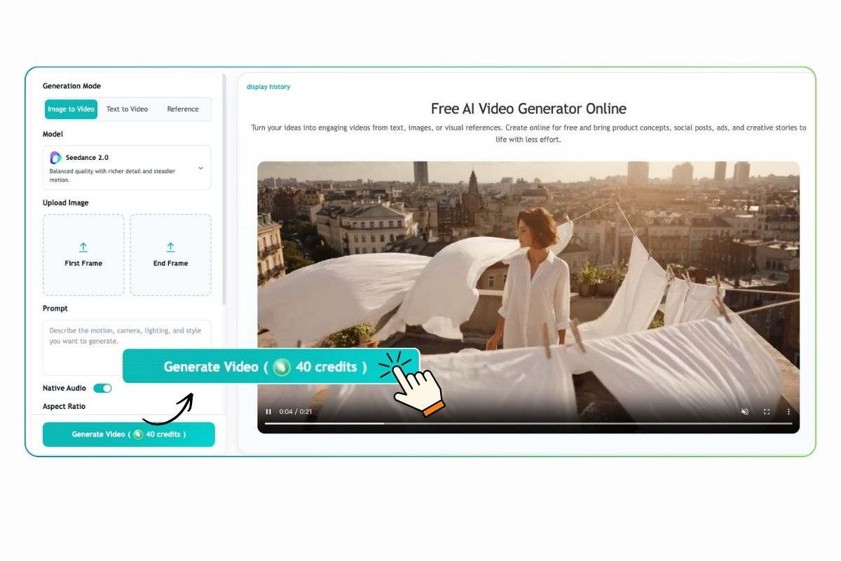 EzRemove AI Video Generator Generate Video button with credit usage displayed before creating an AI video.