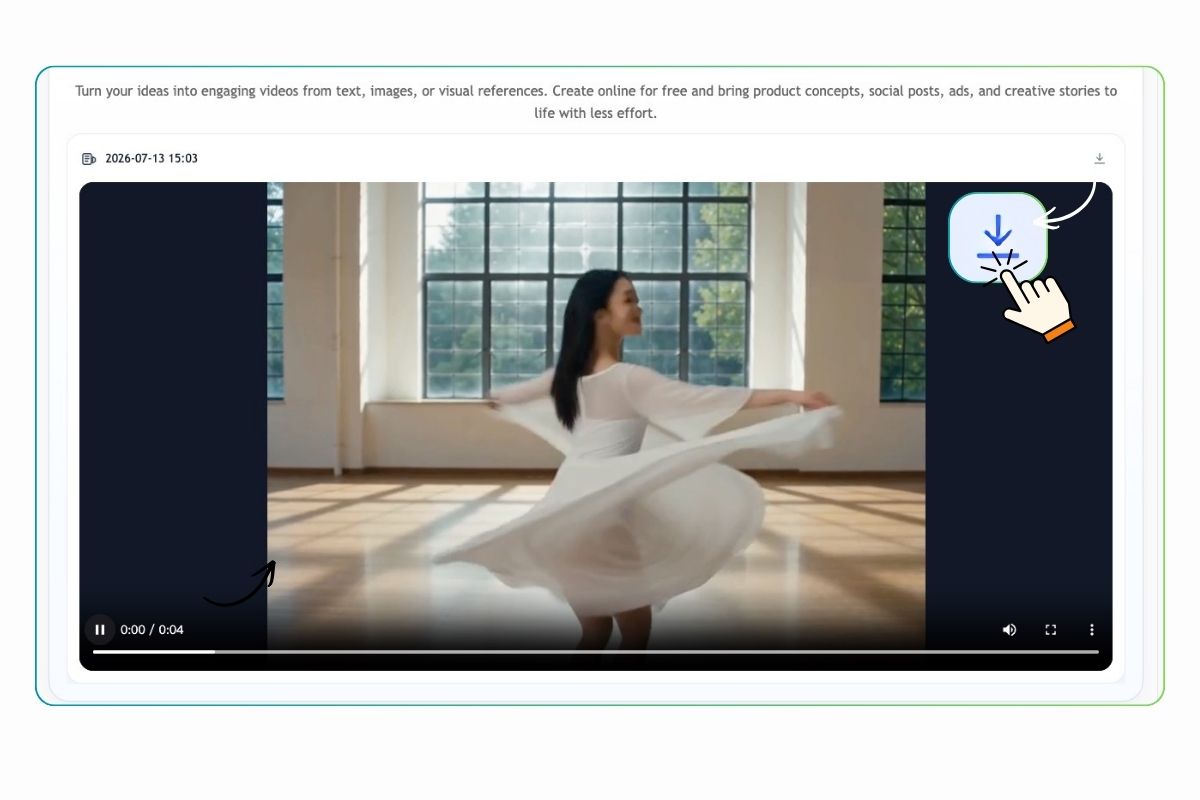 EzRemove AI Video Generator result page showing an AI-generated dance video with a download option.