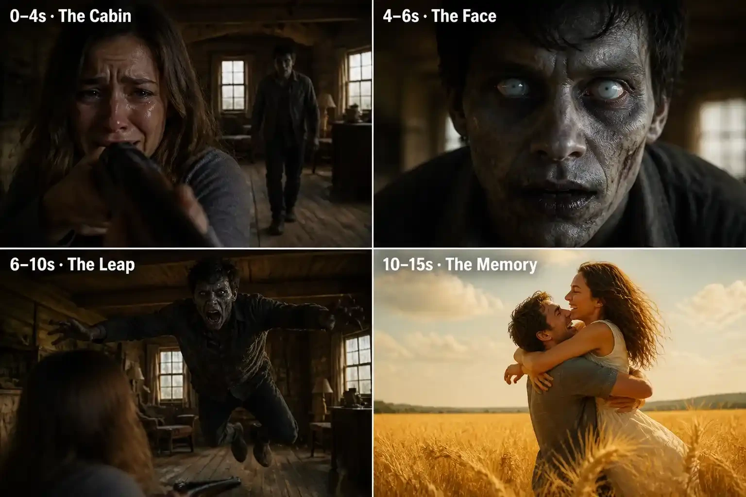 AI Zombie Video Generator showing the cabin, face, leap, and memory beats