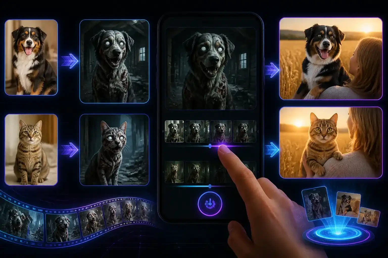 AI Zombie Video Generator turning dog and cat photos into zombie pet videos