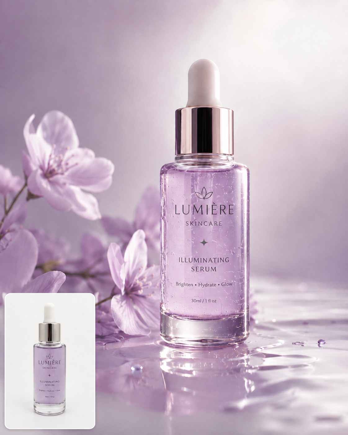 EzRemove AI product image generator demo showing a skincare serum transformed from a plain product photo into a premium ecommerce poster