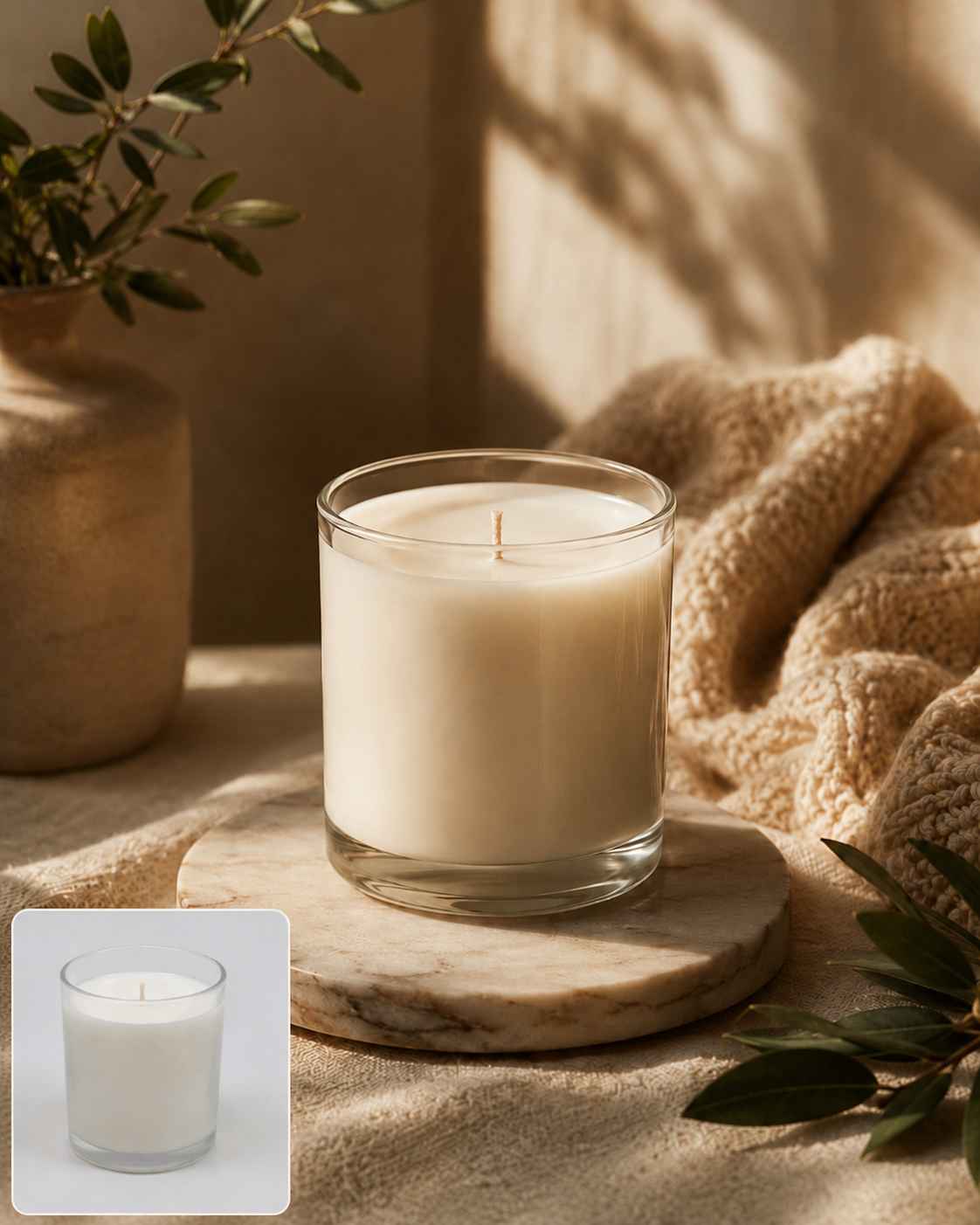 EzRemove AI product image generator demo showing a candle product photo transformed into a warm lifestyle ecommerce scene
