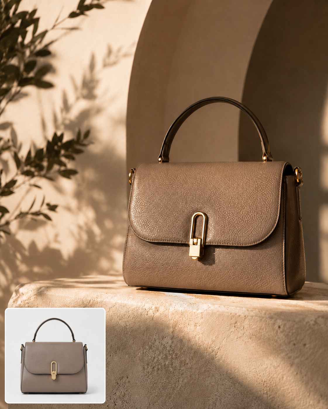 EzRemove AI product image generator demo showing a handbag product photo turned into a high-end fashion ecommerce visual