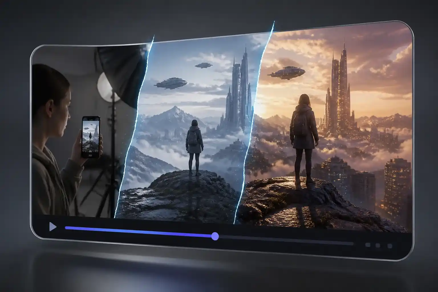 Genjutsu AI Video Generator restyling one reference clip into futuristic video scenes