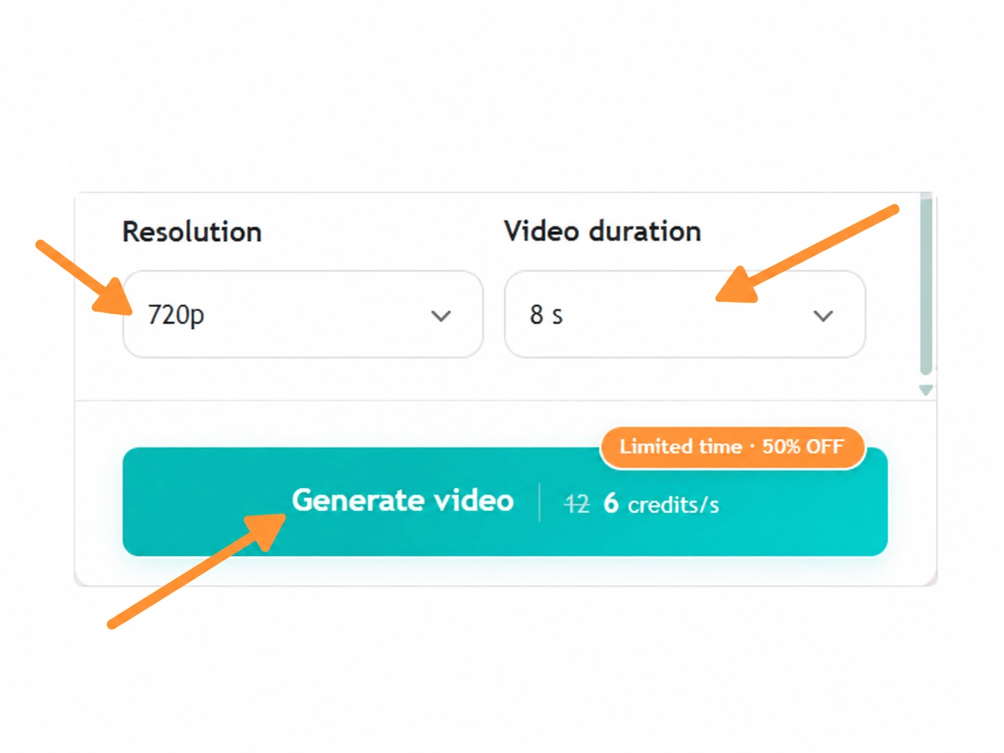 Genjutsu AI resolution, video duration and Generate video button highlighted with arrows