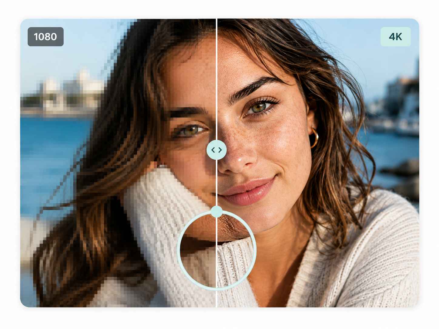 EzRemove ampliador de imagem de IA mostrando uma comparação de resolução de retrato de 1080p para 4K