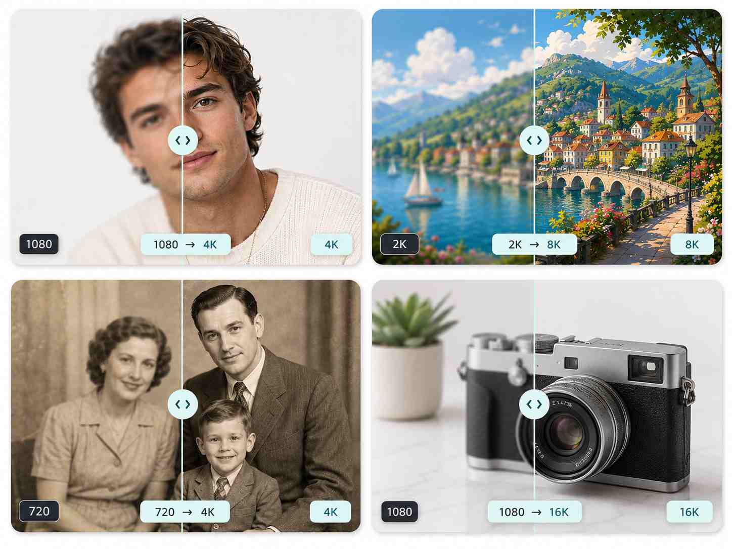EzRemove ampliador de imagens de IA mostrando resultados de maior resolução para retratos, paisagens, fotos antigas e imagens de produtos