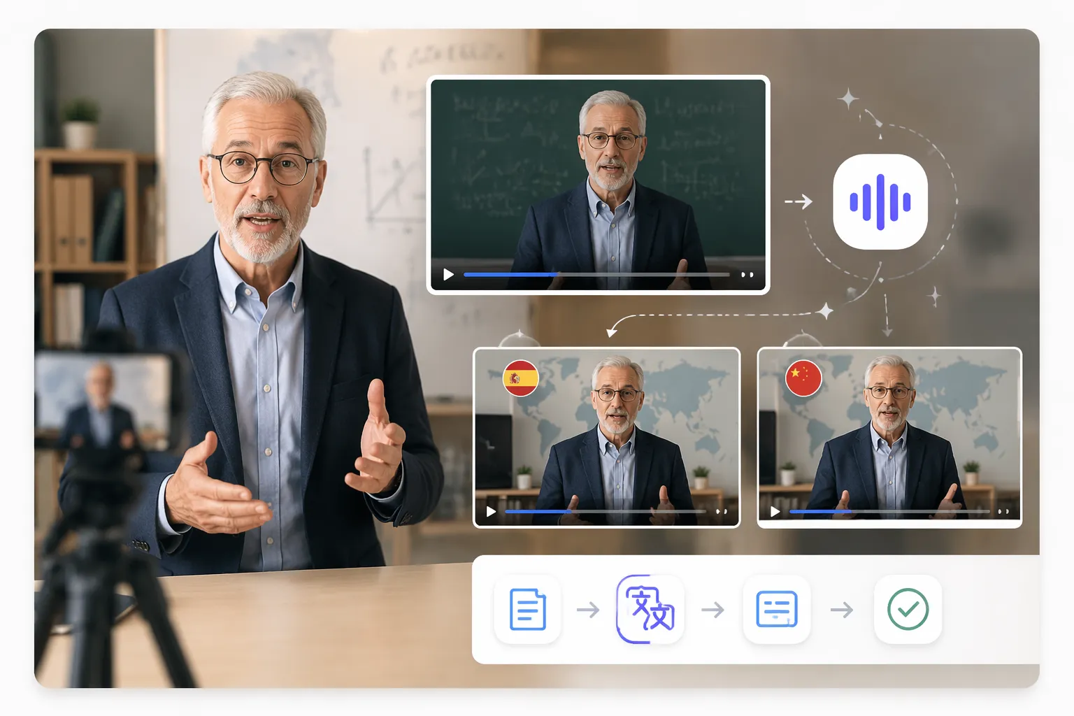 AI リップシンクビデオジェネレーター 翻訳された音声を使用して教育ビデオをローカライズする