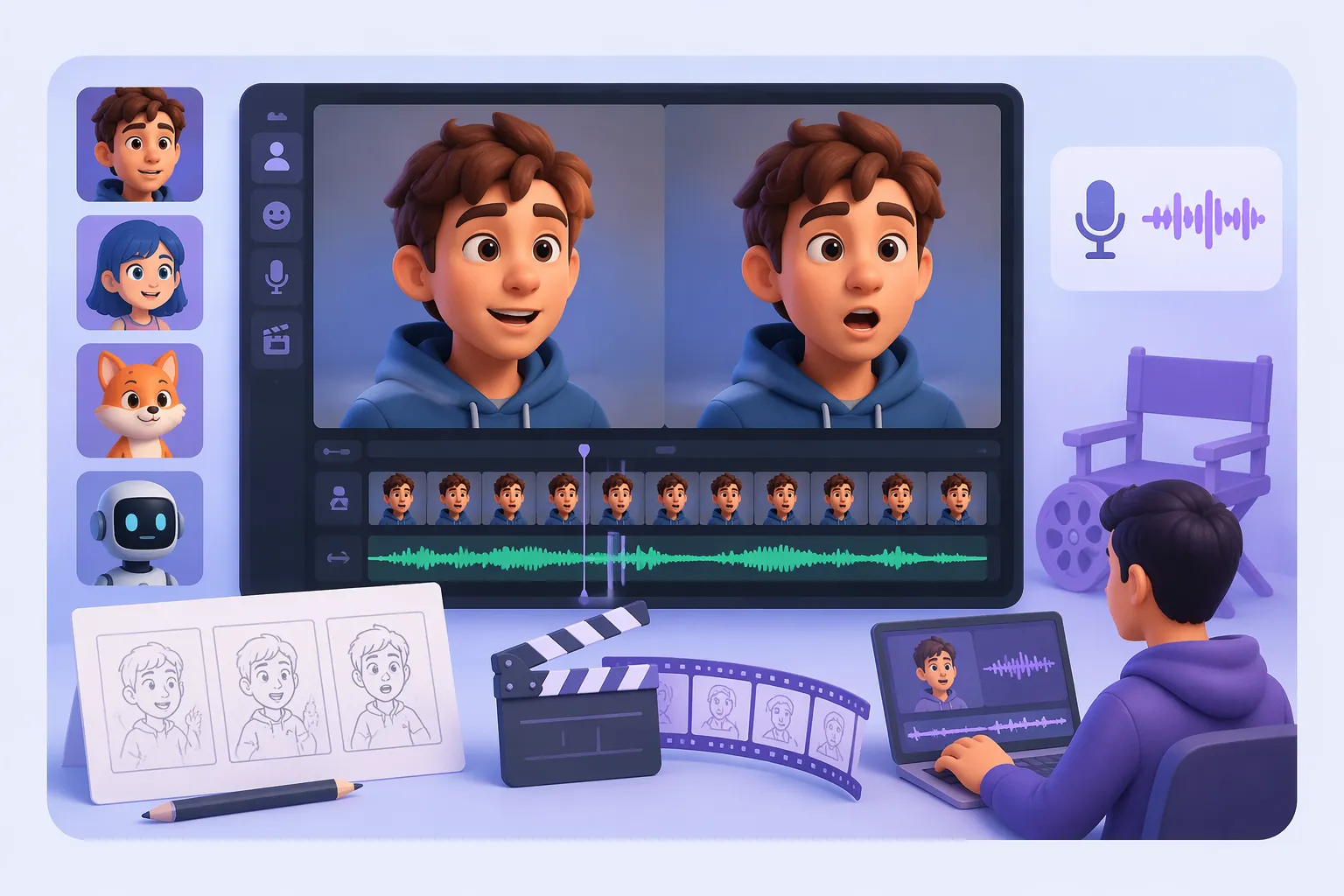 AI リップシンクビデオジェネレーター アニメーションキャラクターの口の動きを録音された音声と同期する