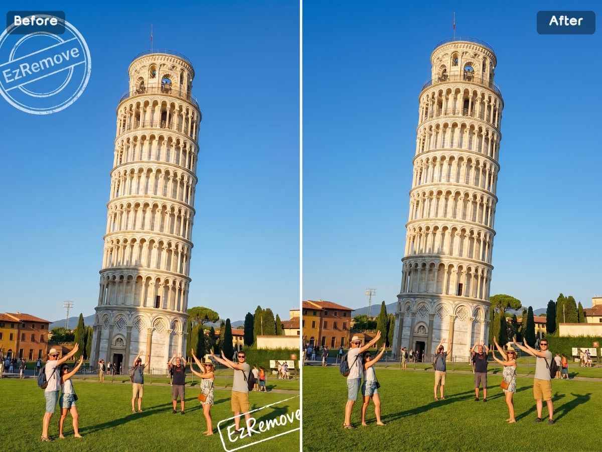 ตัวอย่างภาพท่องเที่ยวก่อน-หลังที่ลบตราประทับและลายน้ำข้อความด้วย EzRemove
