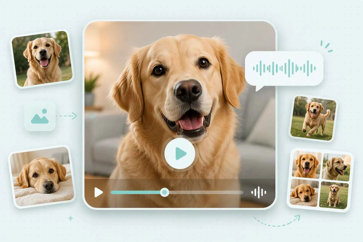 EzRemove Animali parlanti trasforma le foto di tutti i giorni di golden retriever in un video giocoso di animali che parlano.