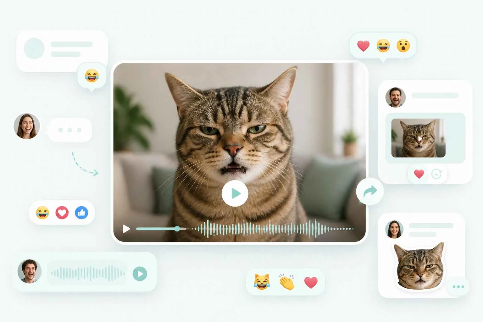 EzRemove Animali parlanti crea un divertente video di gatti parlanti per chat, reazioni e condivisione sui social.