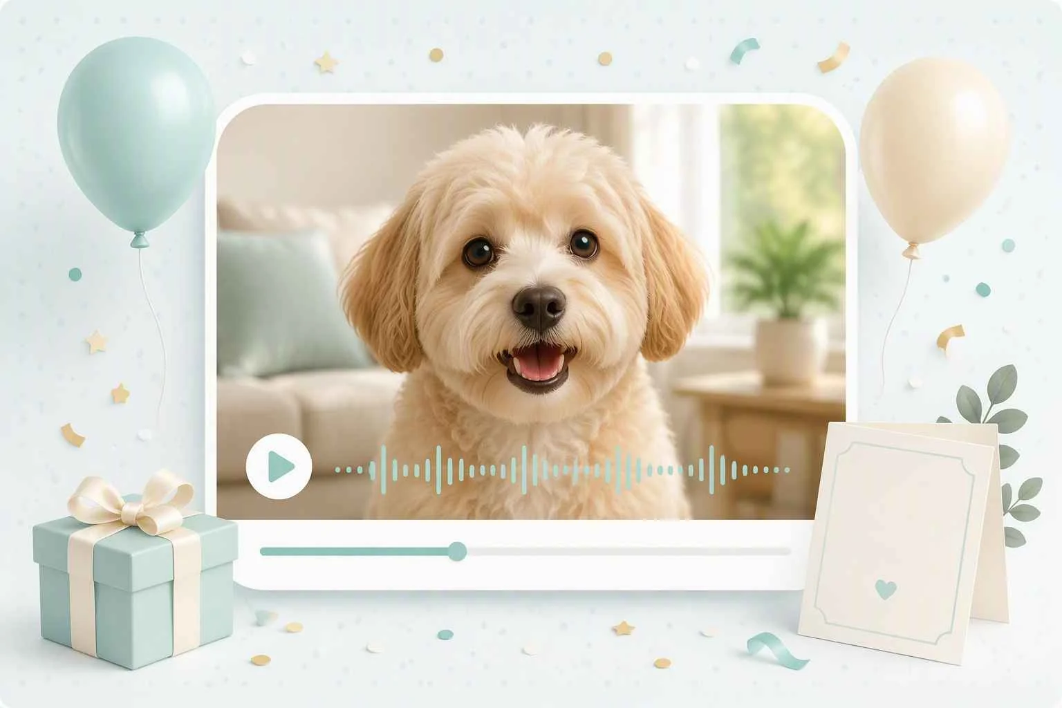 EzRemove Animali parlanti crea un saluto personalizzato per un animale parlante con un cane, regali e palloncini.