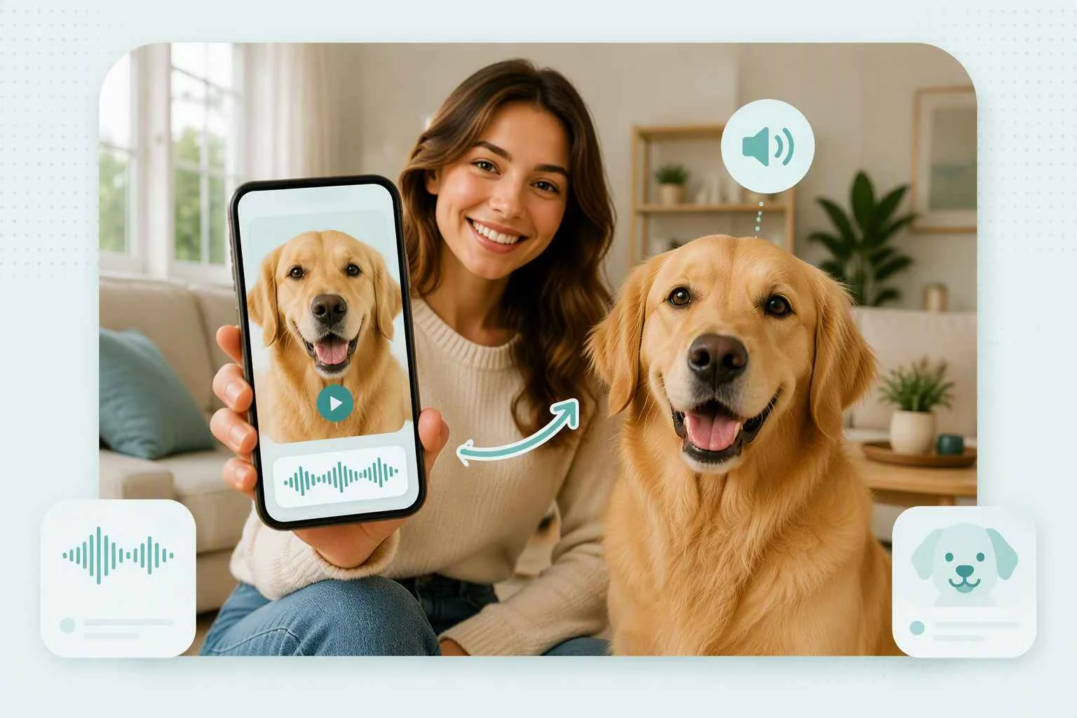 EzRemove Animali parlanti trasforma una foto di un golden retriever in un video di un animale domestico parlante su un telefono.